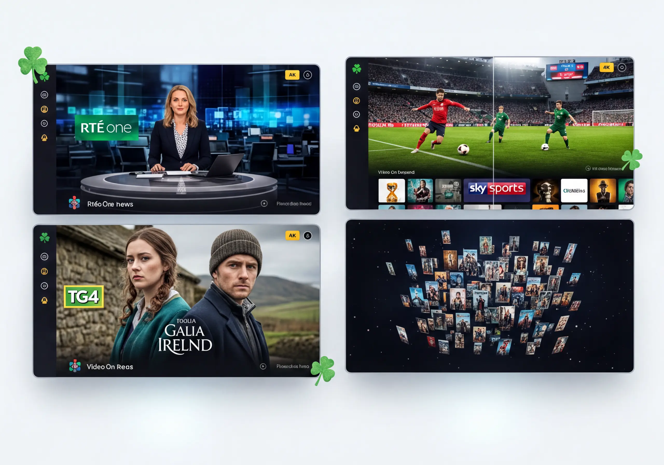 Irish IPTV channels 2026 — RTÉ One, RTÉ Two, TG4, Sky Sports, BBC and 25,000+ live channels in 4K quality on Emerald IPTV Ireland